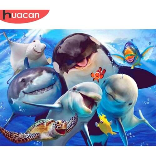 HUACAN Diamond Embroidery Painting Animal Shark Diamond Embroidery Sale Dolphin Pictures Of Rhinestones Mosaic Home Decor