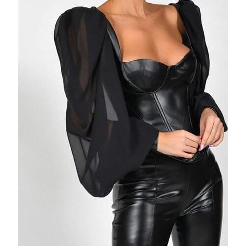 Blouse Leather Night Lantern Sleeve Elegant Shirt Blouse Black Sexy Shirt Female Casual Women Long Shirt Chic Tunic Blouse