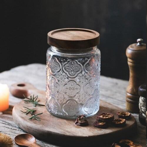 700ml Storage Bottle Retro Style Classic-looking Glass Flower Pattern Multi-use Storage Whole grains Jar Gifts for Home