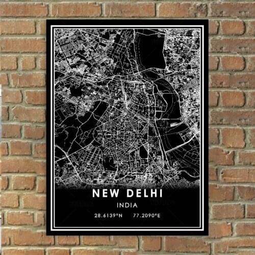 Black and White Canvas Poster NEW DELHI World Map Art Print Minimalist Painting Scandinavian Wall Pictures Living Room Home Deco