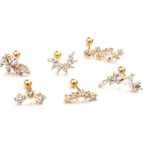 JINGLANG New leaf Stainless Steel Earrings Five-pointed Star Zircon Earrings Screw Earrings Piercing Jewelry