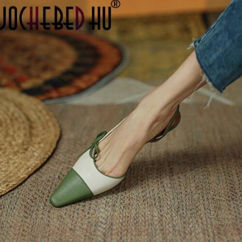 【JOCHEBED HU】New Cover Toe Sandals Womens Fashion Color Matching Bow Shoes Stitching Small Square Toe High Heel Female Shoes