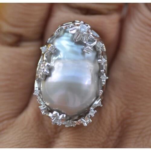Z10740 Big 26mm Gray Baroque Keshi Pearl Ring CZ