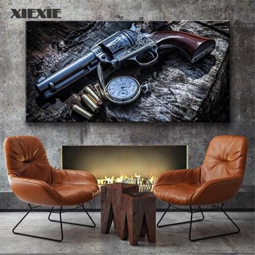 Revolver Weapon Gun Pocket Watch Canvas Painting Pistol Gun Posters Canvas Wall Art Prints Picture for Boy Teen Bedroom Decor
