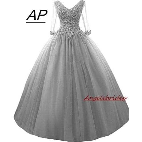 ANGELSBRIDEP Long Sleeves Tulle Quinceanera Dresses 15 Years V-Neck Charming Appliques Full-Length Beads Puffly Debutante Gowns
