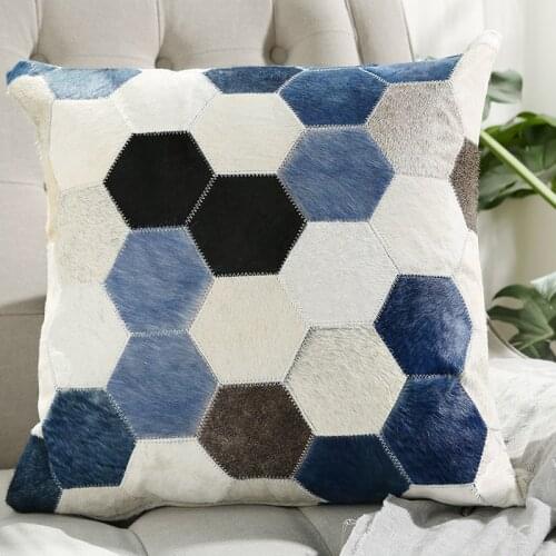 Natural leather patchwork leather pillow living room geometry car office fur hide leather pad pillow, custom size