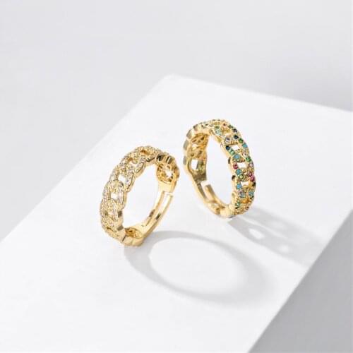 Luxury Female Rings Gold Bling Bling Hip Hop Punk Zircon Ring Cuban Link Chain Wedding Ring For Women Adjustable Size Dropship