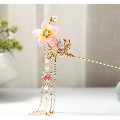Antique Hairpin Han Chinese Clothing Tassel Pearl Dish Hair Step Shake Headdress Golden Ancient-Costume Hair Accessories MA