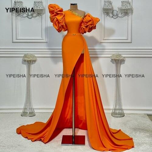 Yipeisha One-shoulder Orange Prom Dresses with Puff Sleeves High Split Evening Gown Crystals Formal Mermaid Party Dress Long