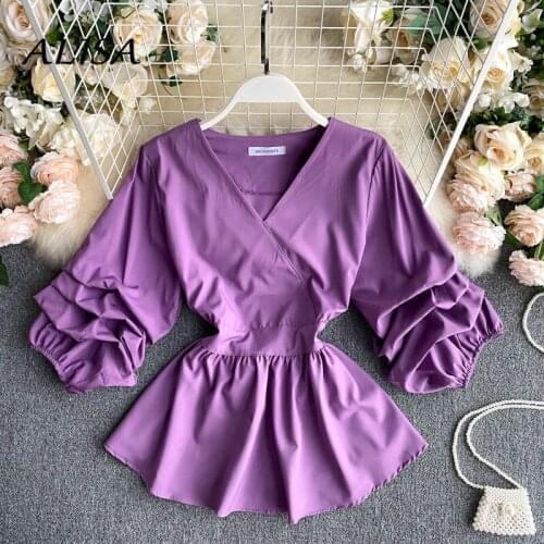 Women Bandage Blouse Spring Summer Vintage Lacing Wais Three Quarter Shirts Ladies Elegant V Neck Pleated Tops Purple Top