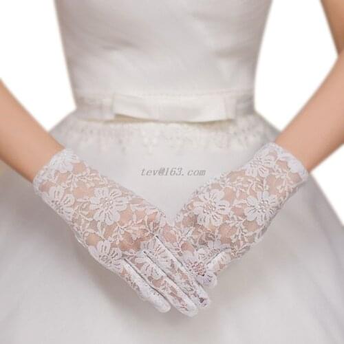 Womens Floral Lace White Short Gloves Full Fingered Wrist Length See Through Mittens Vintage Crocheted