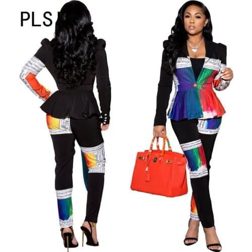 Office Ladies Sexy Pant Set Print Full Sleeve 2 Pieces Tops And Long Pant Slim Two Pieces Outfits