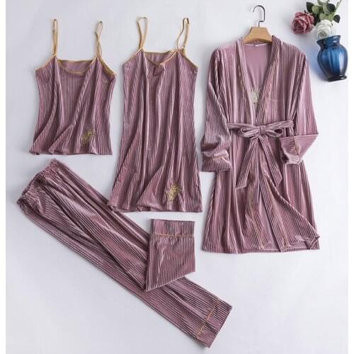 4 Pieces Women Pajamas Sets Gown & Robe Sleepwear Velvet Nightwear Pyjama Strap Sleep Lounge Set Pijama set