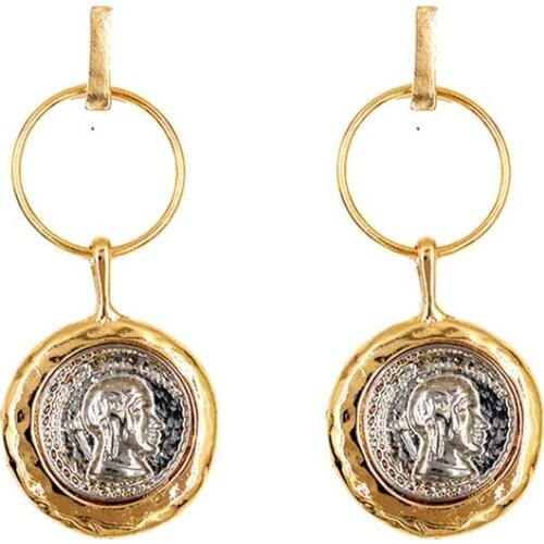 Vintage Gold Color Emboss Portrait Coins Earrings For Women Fashion Retro Statement Long Face Earrings Indian Jewelry Brincos