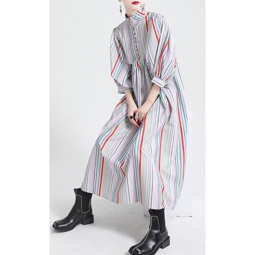 Johnature New Fashion Half Puff Sleeve Striped Women Dresses 2021 Summer Loose Button High Street Turn-down Collar Dress
