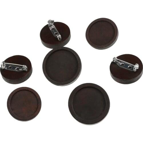 10pcs Antique Brown Blank Wood Cabochon Brooch Base Settings 20 25mm Round Bezel Tray Diy Stainless Steel Pin for Jewelry Making
