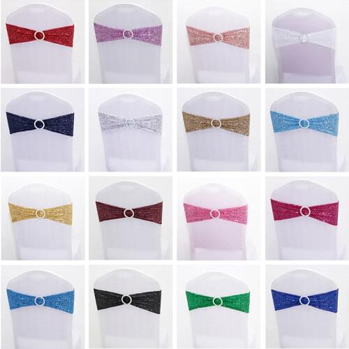 50pcs/lot Shiny Glitter Sequin Chair Sashes Bow Lycra Stretch Chair Sashes Band With Round Buckle For Hotel Party Wedding Decor