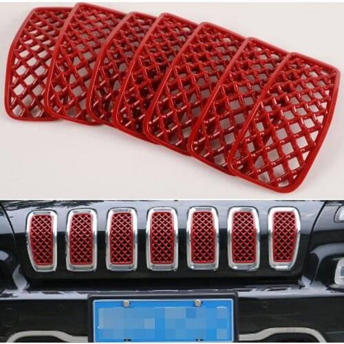 7pcs/set Red / Silver ABS Mesh Front Grilles Covers Trim Frame Decoration 7 Grill Inserts fit Cherokee 2014-2016 Car Styling
