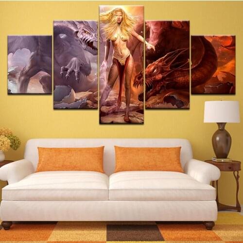 Abstract Sexy beauty Posters HD Print Canvas Paintings Fantasy Scene Knight Fighting Dragon Wall Art Bedroom Home Decor Pictures