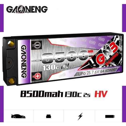 Gaoneng GNB 8500mAh 2S 7.6V 130C/260C 6.0mm bullet Hardcase LiHV LiPo Battery pack with T or XT60 Plug for 1:10 1/10 RC Car Boat