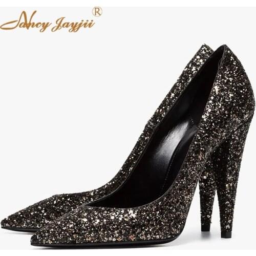 Womens Pumps Ladies Shoes Dress Glett Sequined Cloth Bling Super High Heels Spike Spring Mature 2019 Bridal Shower Work Offic