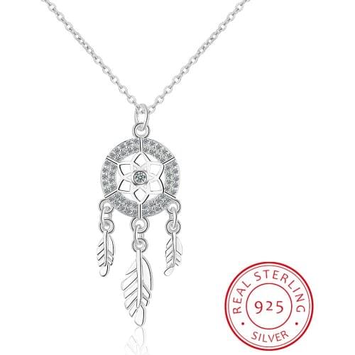 925 Sterling Silver Dreamcatcher feather Charm Necklace Pendant Silver Dream Catcher Pendant Statement Choker Necklace GTLX487