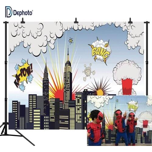 DePhoto Superhero City Pictorial Cloth Backdrop for Kids Birthday Party Decoration Studio Photography Background WXL58