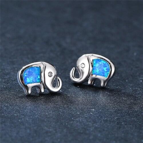 Dainty White Blue Opal Stone Earrings Trendy Animal Small Elephant Stud Earrings Vintage Silver Color Wedding Earrings For Women