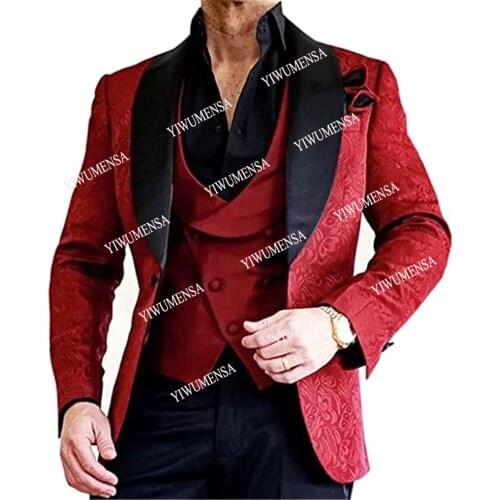 Classic Black Satin Lapel Mens Printed Suits Custom Made Slim Fit Tuxedos 3-Pieces Groomsmen Dress For Wedding Blazers Tuxedos