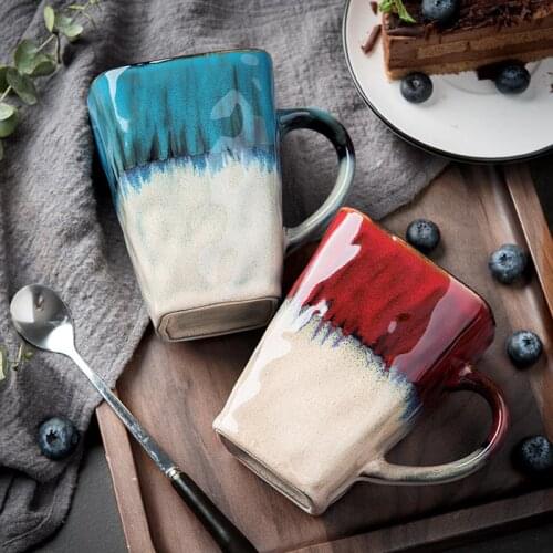 Retro personality square cup ceramic large capacity mug with spoon coffee cup home creative couple cup WF1113225