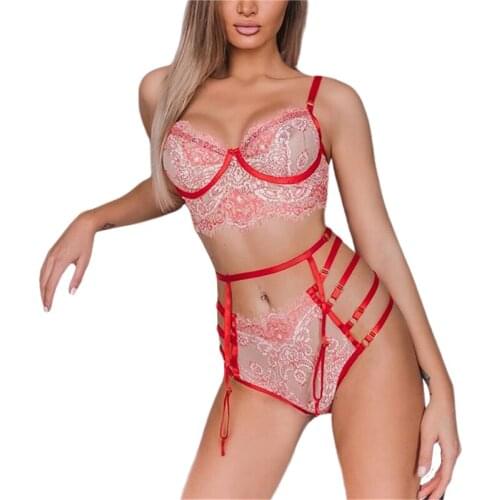 Hot Sale Fashion 2 Pieces Sexy Lingerie Set, Solid Color Lace Underwear+ Underpants for Women, Red, S/M/L Wholesale Nightwear