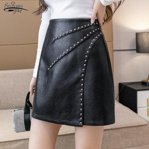 Mini Pencil Skirts Elegant Fashion Rivets PU Leather Skirts Women Office Lady Solid Color High Waist Slim Bottoms Skirts 16905