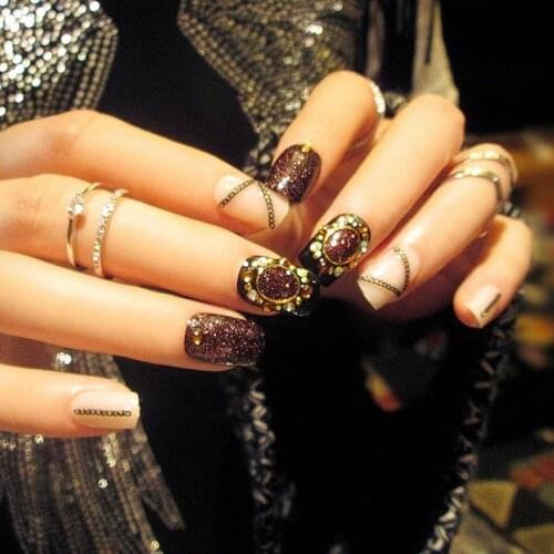 Fashion Glitter Chain Rhinestones Embellished Fake Nails 24 Pieces/box Nail Art Jewelry Decoration Supplies Fake Nails