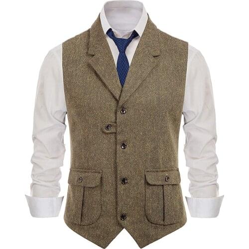 Mens Suit Brown Vest Lapel Wool Herringbone Retro Tooling Vest Waistcoat Casual Formal Business Groomman For Wedding Working