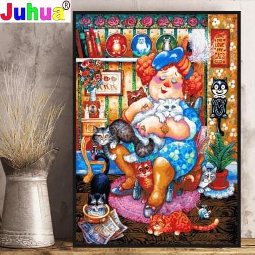 Fat Lady Cat Diy Full Diamond 3D Embroidery Mosaic Diamond Painting Cross Stitch Rhinestone 5d puzzle art Cartoon Woman Gift