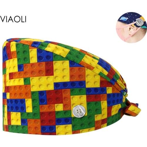 Adjustable Beautician Scrub Hat Pet Shop Lab 100%Cotton Scrubs Cap Spa Cartoon Printing Medical Women and Men Doctor Nurse Hats