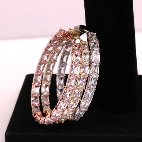Luxury 45mm Bling Princess Cut Stones Crystal Hoops Earrings Basketball CZ Gold Plated Hoops Hiphop Earrings Set Christmas Gift