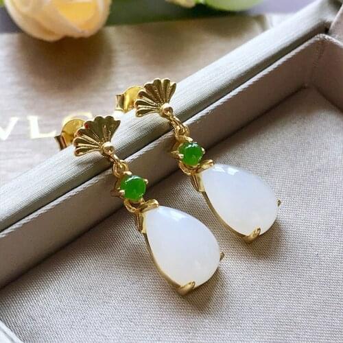 S925 Sterling Silver Inlaid Natural Hetian White Jade. Jasper. White Silver And Gold Earrings