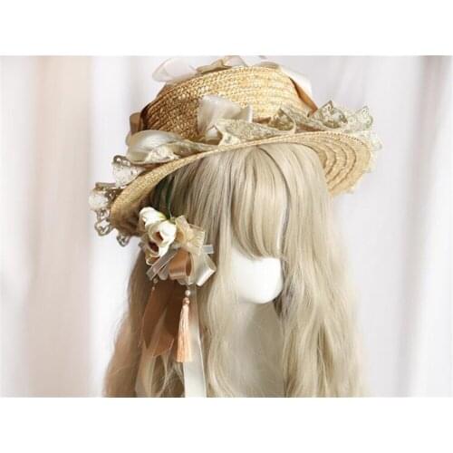 Lolita Gold White Bowknot Gorgeous Lace Trim Lolita Straw Hat Princess Lolita Flat Cap Beach Cap Summer Accessories B1515