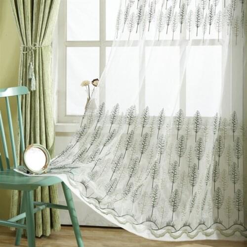 Green leaves Sheer Tulle Curtains for Bedroom Living Room embroidered Voile Drapes Window Curtain Eyelet