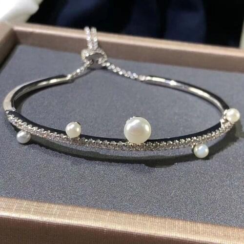 UMGODLY Luxury Brand Bangle High Quality Silver Color Line Bracelet Pearl Cuff Zirconia Stones Bangle Statement Women Jewelry