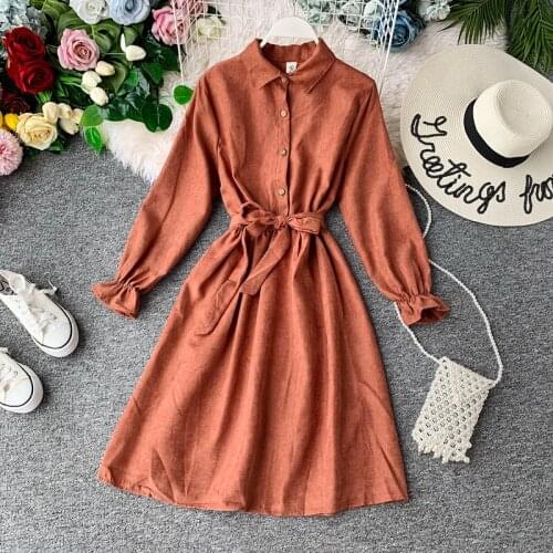 Vintage Long Sleeve Shirt Dress Women Autumn 2019 New Elegant Sashes A-Line Midi Dress Ladies Casual Cotton Loose Party Vestidos