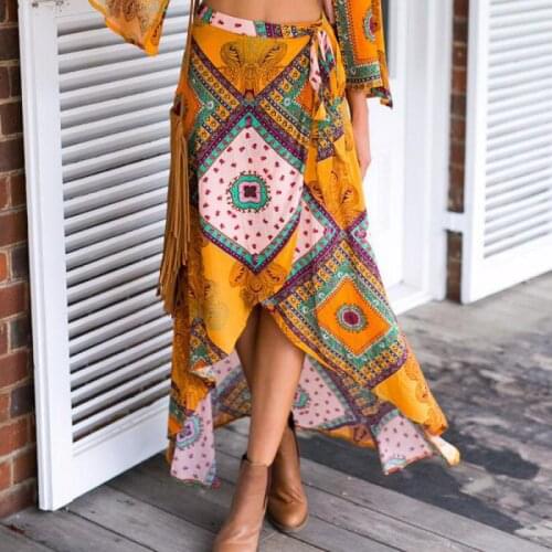 Womens Swallowtail Skirt Retro Bohemian Print Lace-up Skirt Summer Vacation Women Skirts 2021