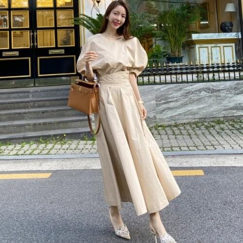 2021 Summer Sweet Solid Shirts& High Waist Skirt Sets Women Fashion Chic Two Piece Korea Puff Sleeve Vintage Elegant Suits