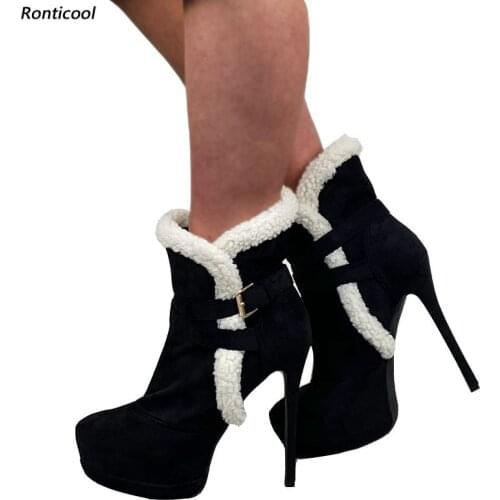 Ronticool Women Winter Platform Ankle Boots Short Plush Buckle Thin High Heels Round Toe Elegant Black Shoes Plus Size 45 47 52