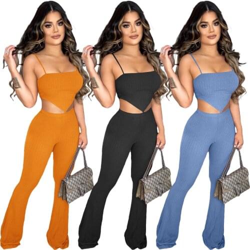 Casual Elasticity Knitted Rib Two Piece Set Women Summer Sexy Sling Irregular Crop Top Flare Pants Suit Matching Set Slim Outfit