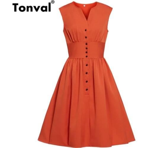 Tonval Rust Orange Single Breasted High Waist Pleated Dress Women Summer Shirt Style V Neck Casual Solid Vintage Dresses