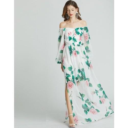 Women Summer Dresses Office Lady A-LINE Printing Floor-Length Women Dresses Square Collar Full Elegant 2021 New Women Dresses