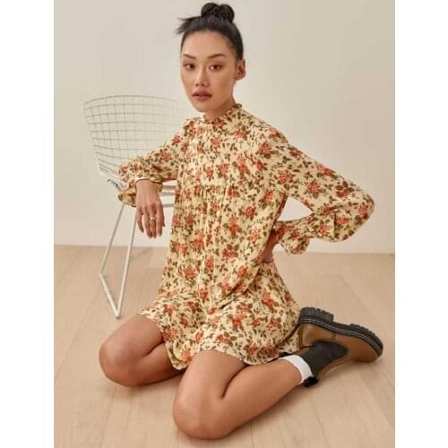 Yinlinhe Floral Turtleneck Summer Dress Long Sleeve Loose Doll Dress Women Holiday Wear French Style Party Dresses Spring 2040