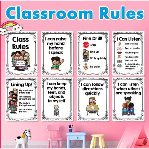 20Pcs/Set English Classroom Rules Kindergarten A4 decoration Posters Kids Montessori Cards Educational school poster
